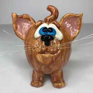 Pottery Stray Cat Coin Piggy Change Bank Glazed Stoneware Artists Signed Sphynx